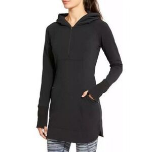 Athleta Black Long Sleeve Hooded Dress Thumbhole Pockets Black XS 362814 RARE